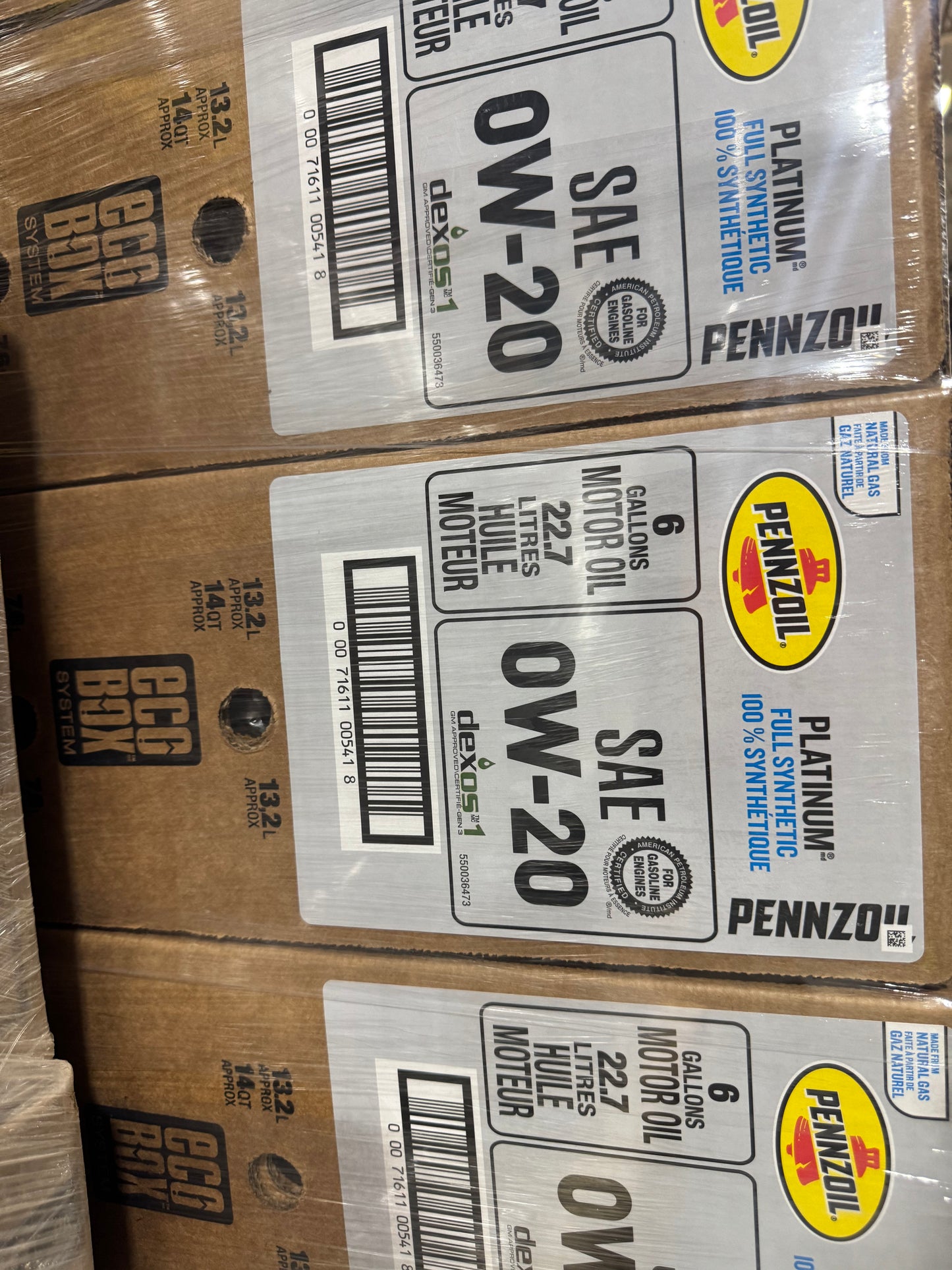PENNZOIL PLATINUM FULL SYNTHETIC SAE 0W-20 6 GALLON MOTOR OIL ECOBOX