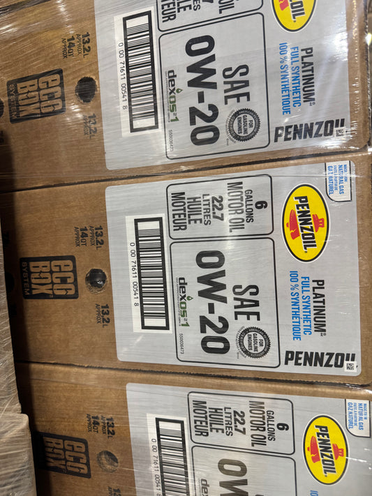 PENNZOIL PLATINUM FULL SYNTHETIC SAE 0W-20 6 GALLON MOTOR OIL ECOBOX